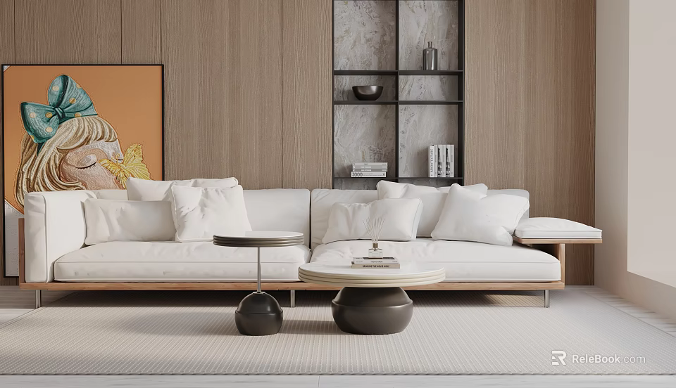 White Three Seater Sofa With Cushions And Round Coffee Tables In Wooden Living Room 3d model 