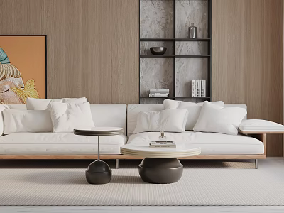 White Three Seater Sofa With Cushions And Round Coffee Tables In Wooden Living Room 3d model