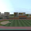 Modern School Building Exterior With White Orange Facades Red Running Track And Green Football Field