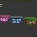 Elegant Three Candlesticks Featuring Golden Bases Transparent Crystal Structures And Colored Top Decorations