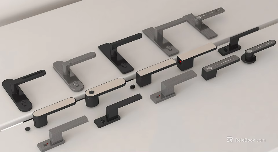 Modern Metal Door Handles In Various Black And Silver Minimalist Designs 3d model 