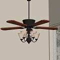 Ceiling Fan With Wooden Blades And Light Fixture Near Window Blinds