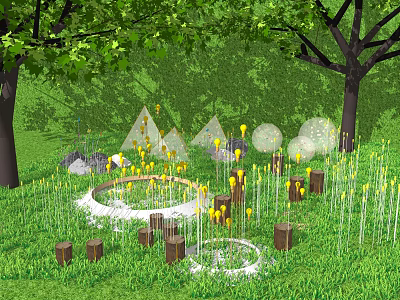 Decorative Outdoor Lights With Yellow Glow In Woodland Garden Wooden Bases 3d model