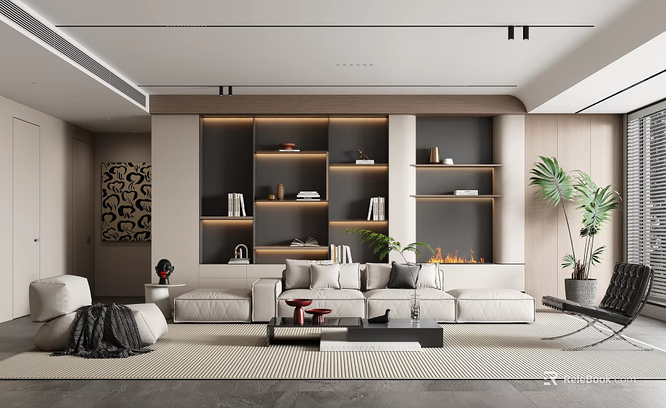 Modern Living Room Interior Design With Shelves Fireplace Sofa And Potted Plant 3d model 