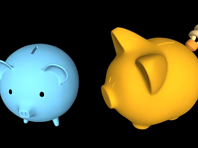 Cute Decorative Ornament Set With Two Piggy Banks Blue And Yellow 3d model