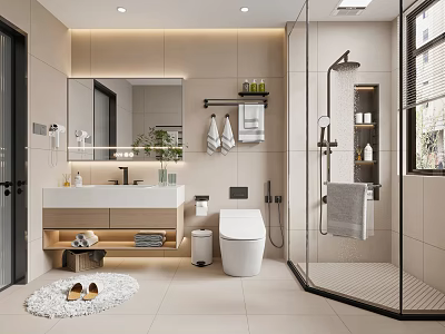 Modern Bathroom Interior With Vanity Mirror Shower Toilet Tile Walls And Glass Door 3d model
