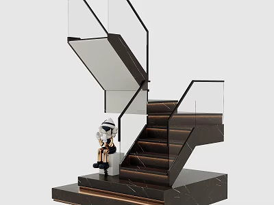 Modern Staircase With Glass Railing Dark Steps And Small Doll Sitting At Base 3d model