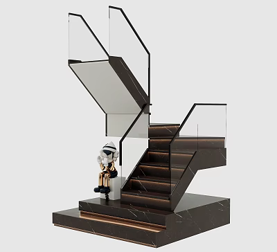 Modern Staircase With Glass Railing Dark Steps And Small Doll Sitting At Base 3d model