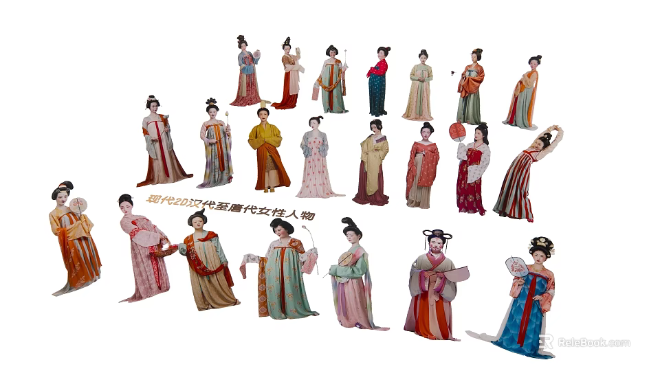 Multiple Chinese Ancient Female Figures in Various Traditional Hanfu Costumes 3d model 
