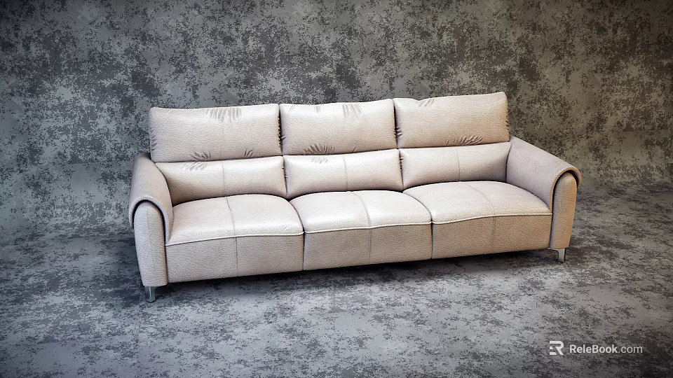 Beige Leather Three Seater Sofa With Multiple Cushions And Textured Gray Background 3d model
