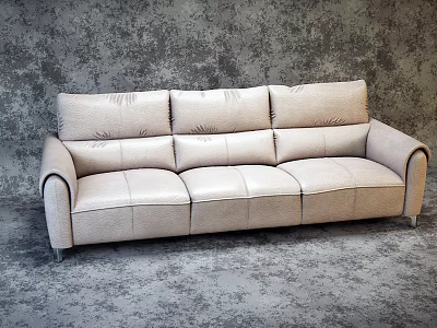 Beige Leather Three Seater Sofa With Multiple Cushions And Textured Gray Background 3d model