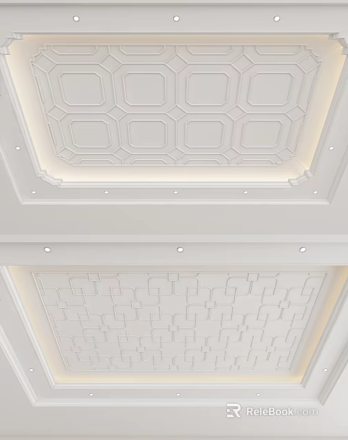 White Layered Ceiling With Geometric Patterns Recessed Lighting And Decorative Moldings 3d model 