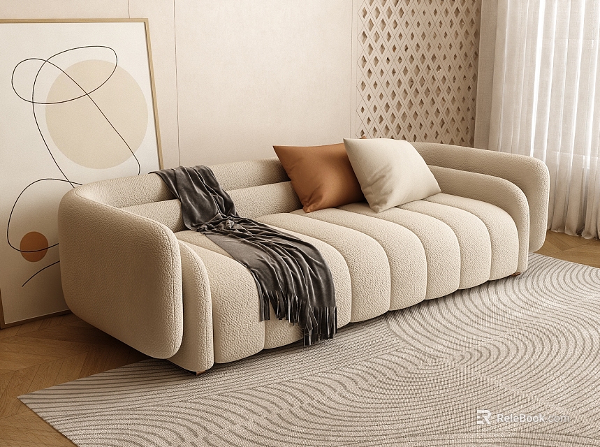 Beige Multi Seater Sofa With Brown Pillow Gray Throw Blanket And Wavy Rug 3d model 