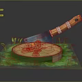 Kitchen Knife with Orange Handle on Wooden Cutting Board and Lemon Slices with Green Grass