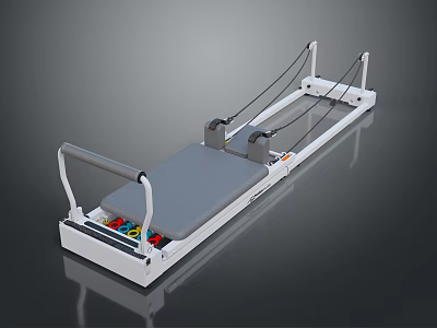 Pilates Reformer Equipment With White Frame Gray Bed Surface Cables And Springs 3d model