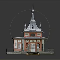 Traditional Multi tiered Architectural Structure With Spire Roof Red Walls Gray Roofing And Platform Railing