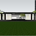 Modern Building Entrance Gate With Canopy Ramp And Decorative Lighting White Wall Black Roof