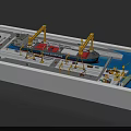 Cargo Ship Moored at Port with Yellow Cranes and Loading Dock