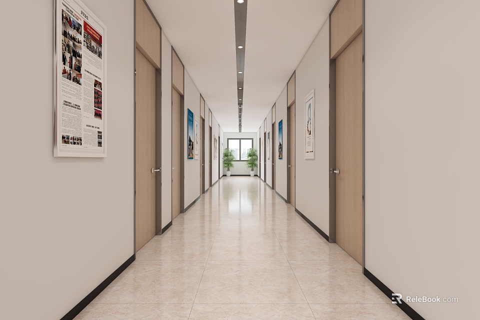 Office Corridor Interior With Posters On Walls Doors And Green Plants At End 3d model 