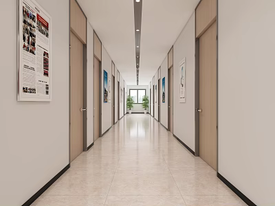 Office Corridor Interior With Posters On Walls Doors And Green Plants At End 3d model