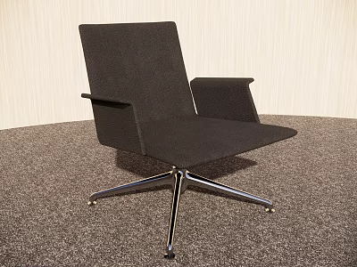Modern Black Upholstered Armchair With Metal Base On Carpeted Floor And Light Wooden Wall 3d model