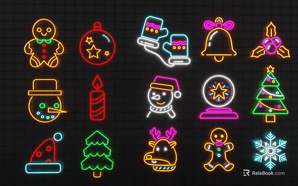 Christmas Neon Decorative Lights with Gingerbread Man Snowman Tree and Festive Elements 3d model