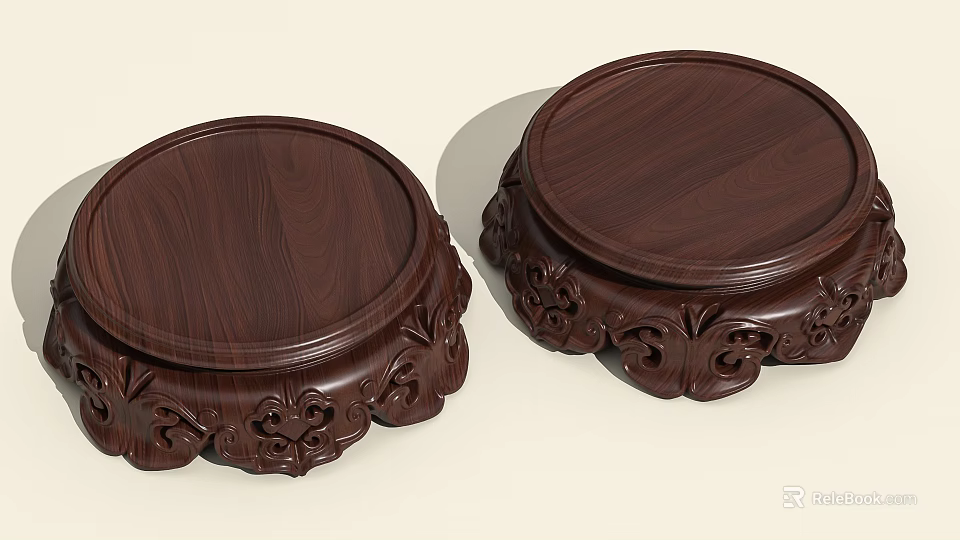 Two Artistic Circular Wooden Carved Bases With Intricate Decorative Patterns 3d model 