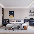 Modern Kids Room Interior With Bed Rug Space Painting Sports Toys Desk Chair And Shelves