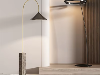 Modern Minimalist Floor Lamps With Golden Black Poles And Conical Circular Shades 3d model
