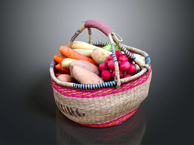 Assorted Fresh Vegetables in Woven Basket with Pink Blue Trim Carrots Sweet Potatoes Radishes 3d model