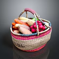 Assorted Fresh Vegetables in Woven Basket with Pink Blue Trim Carrots Sweet Potatoes Radishes