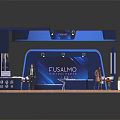 FUSALMO Blue Round Exhibition Booth With Wooden Interior Design People And Plants