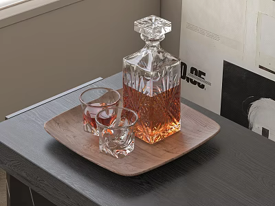 Stylish Wine Bottle And Glasses On Wooden Tray With Amber Liquid On Table 3d model