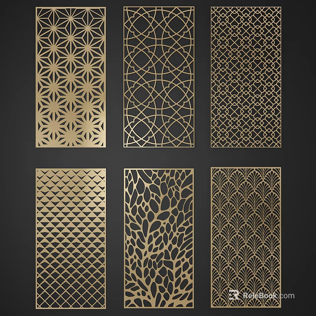 Decorative Room Dividers Featuring Intricate Geometric And Floral Patterns In Gold 3d model 