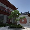 Traditional Chinese Ancient Architecture Featuring Red Pillars Carved Eaves and Courtyard Trees