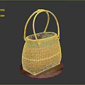 Colorful Handwoven Basket Featuring Animal Patterns With Bamboo Handle On Wooden Base