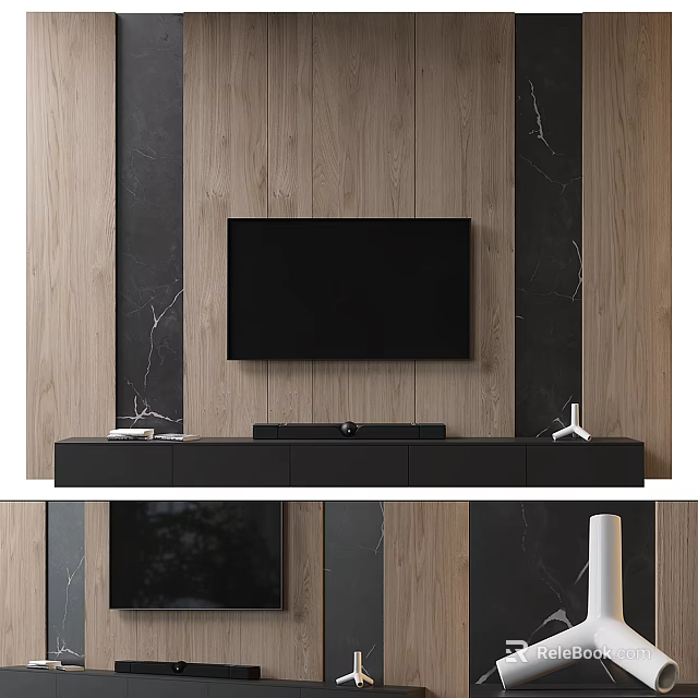 Modern Black TV Stand In Living Room With Wooden And Marble Wall Background 3d model 