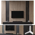 Modern Black TV Stand In Living Room With Wooden And Marble Wall Background