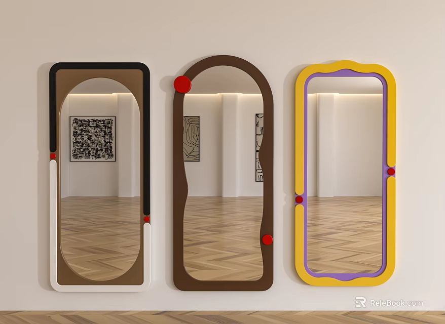 Colorful Framed Mirrors on White Wall Reflecting Wooden Floor and Artworks 3d model 