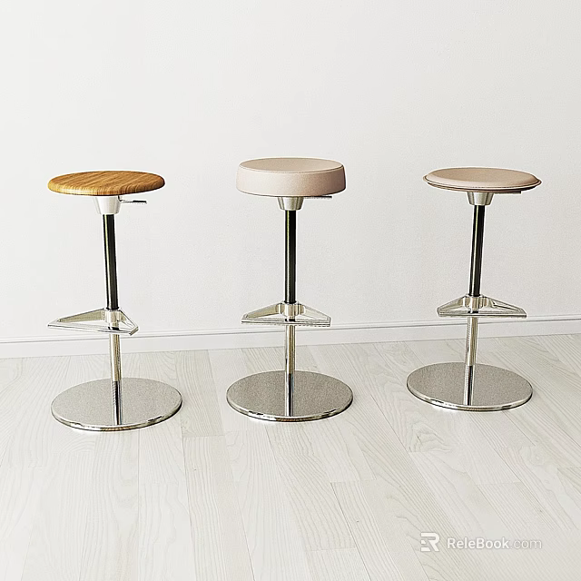 Three Bar Stools With Wooden And Padded Seats And Silver Metal Bases On Light Floor 3d model 