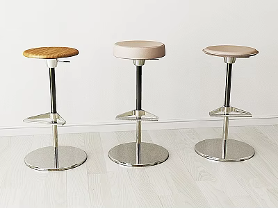 Three Bar Stools With Wooden And Padded Seats And Silver Metal Bases On Light Floor 3d model