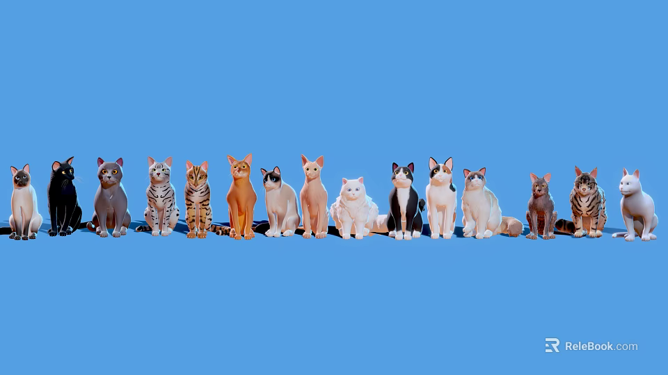 Group of Different Cat Breeds Sitting Together on Blue Background 3d model 