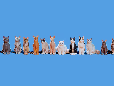 Group of Different Cat Breeds Sitting Together on Blue Background 3d model
