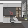 Modern Study Room Interior Design With Wooden Desk Ergonomic Chair Red Guitar Built-in Bookshelf And Laptop