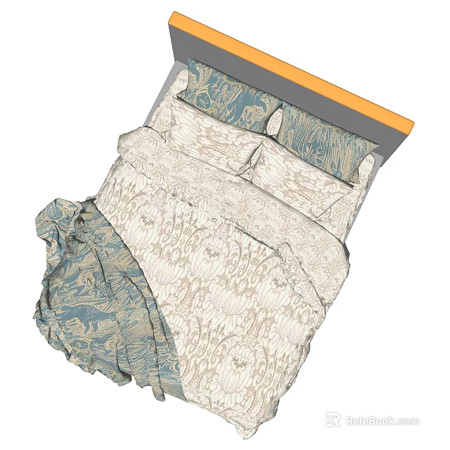 Double Bed with Floral Pattern Bedding White Blue Sheets and Orange Wooden Headboard 3d model 