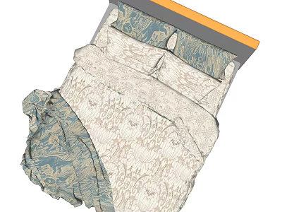 Double Bed with Floral Pattern Bedding White Blue Sheets and Orange Wooden Headboard 3d model