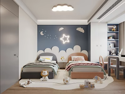 Kids Room Interior With Starry Wall Cloud Decor Two Beds Cloud Pendant Light And Toys 3d model