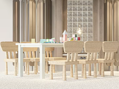 Light Wood Children's Chairs Around White Table With Colorful Blocks And Toys In Playroom 3d model