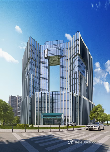 Modern High Rise Office Building With Glass Curtain Wall And Green Trees Under Blue Sky 3d model 