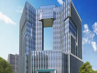 Modern High Rise Office Building With Glass Curtain Wall And Green Trees Under Blue Sky 3d model